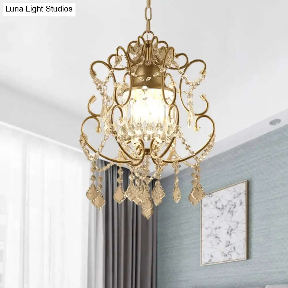 Curving Arm Crystal Chandelier with Lantern Design – Brass Finish & Crystal Draping
