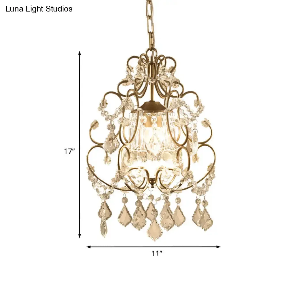 Curving Arm Crystal Chandelier with Lantern Design – Brass Finish & Crystal Draping